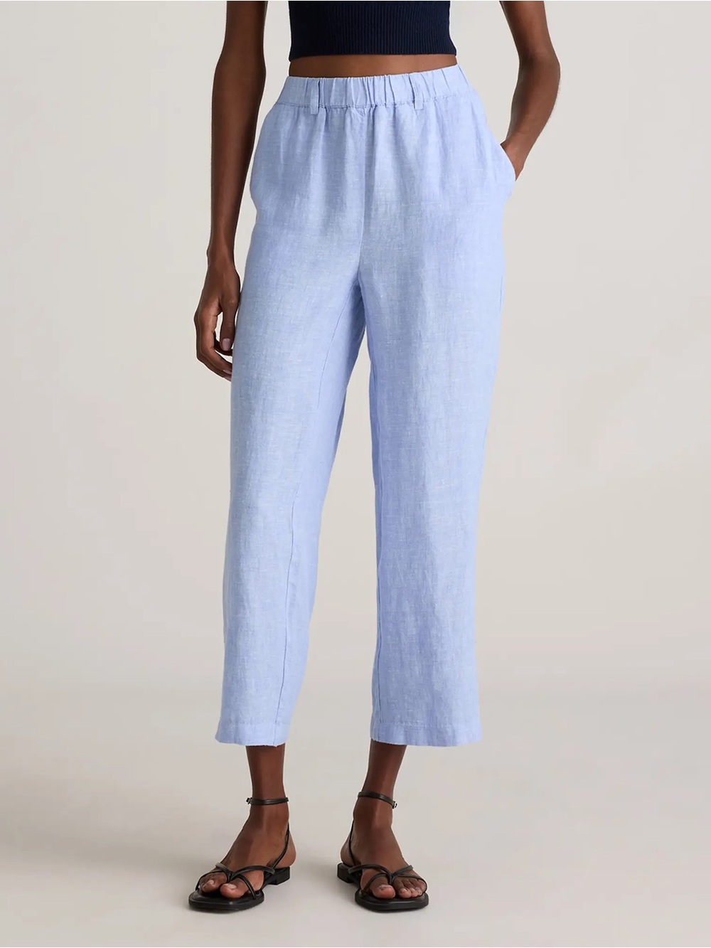 Light Blue Linen Blend Elastic Waist Pants